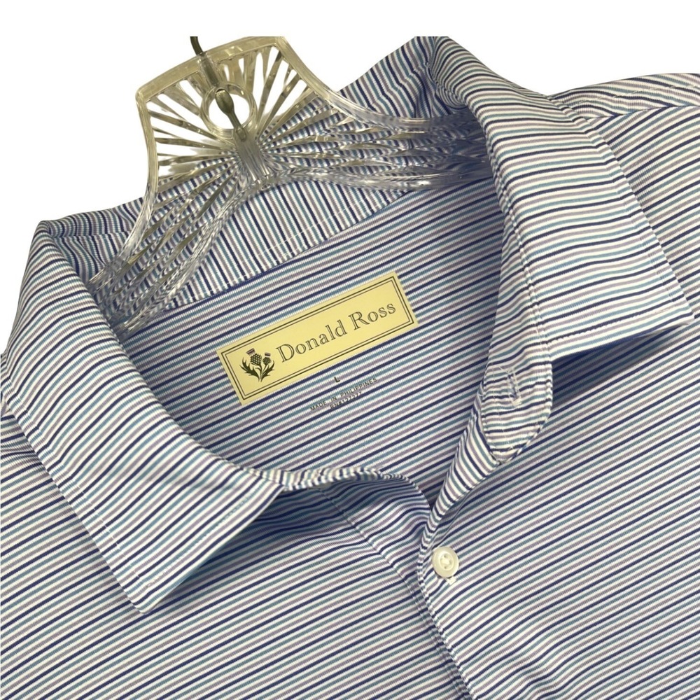 Donald Ross Mens Large Blue Striped Golf Polo Shirt The Hawthorns Logo L